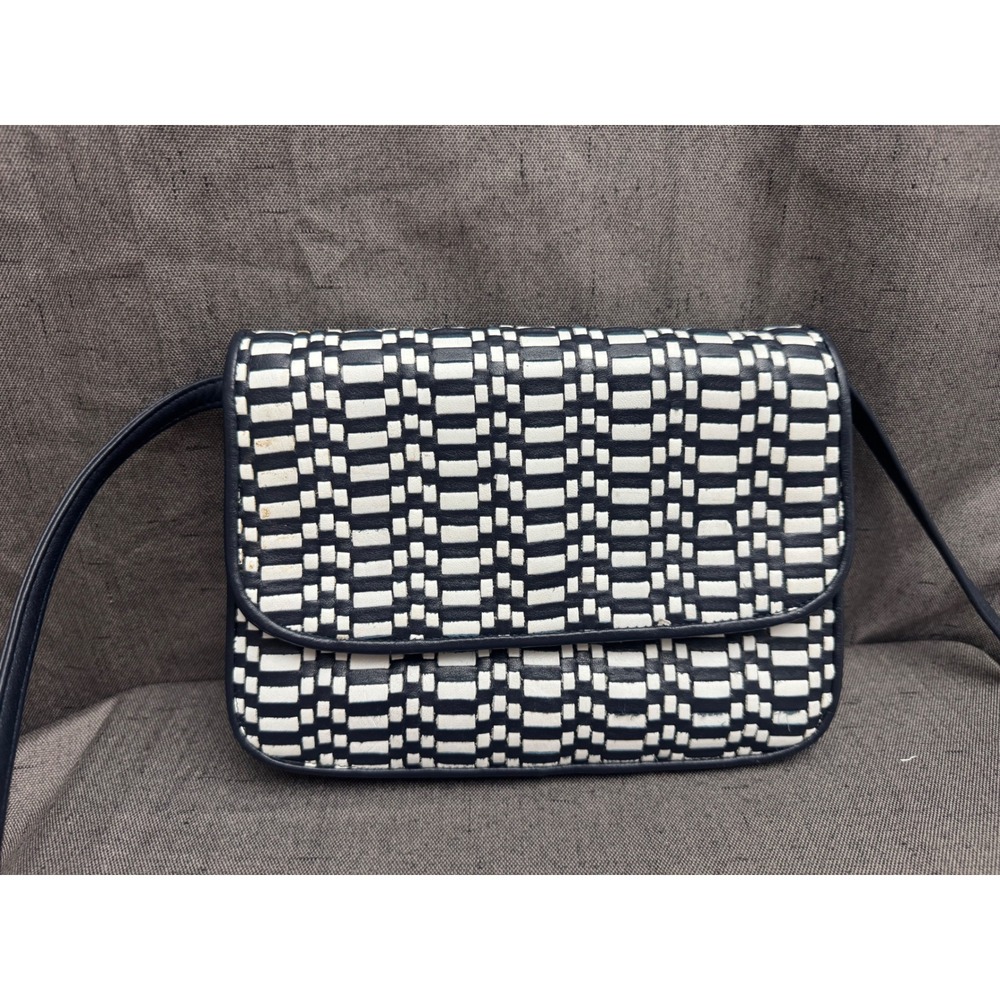 Brio! Vintage Navy Blue and White Woven Leather Crossbody Flap Bag